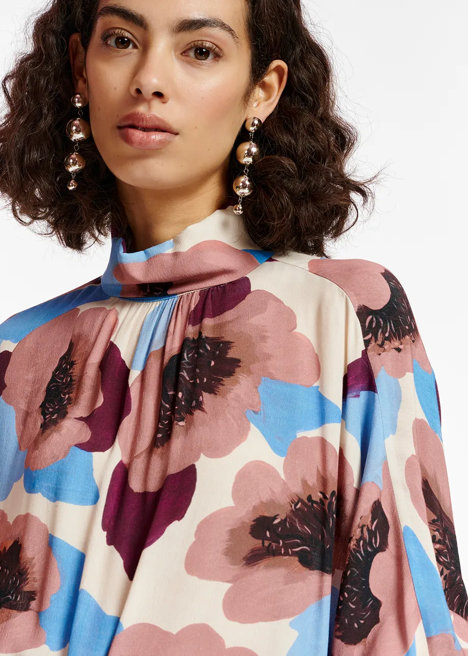 Mauve, burgundy and blue floral print top with stand-up collar
