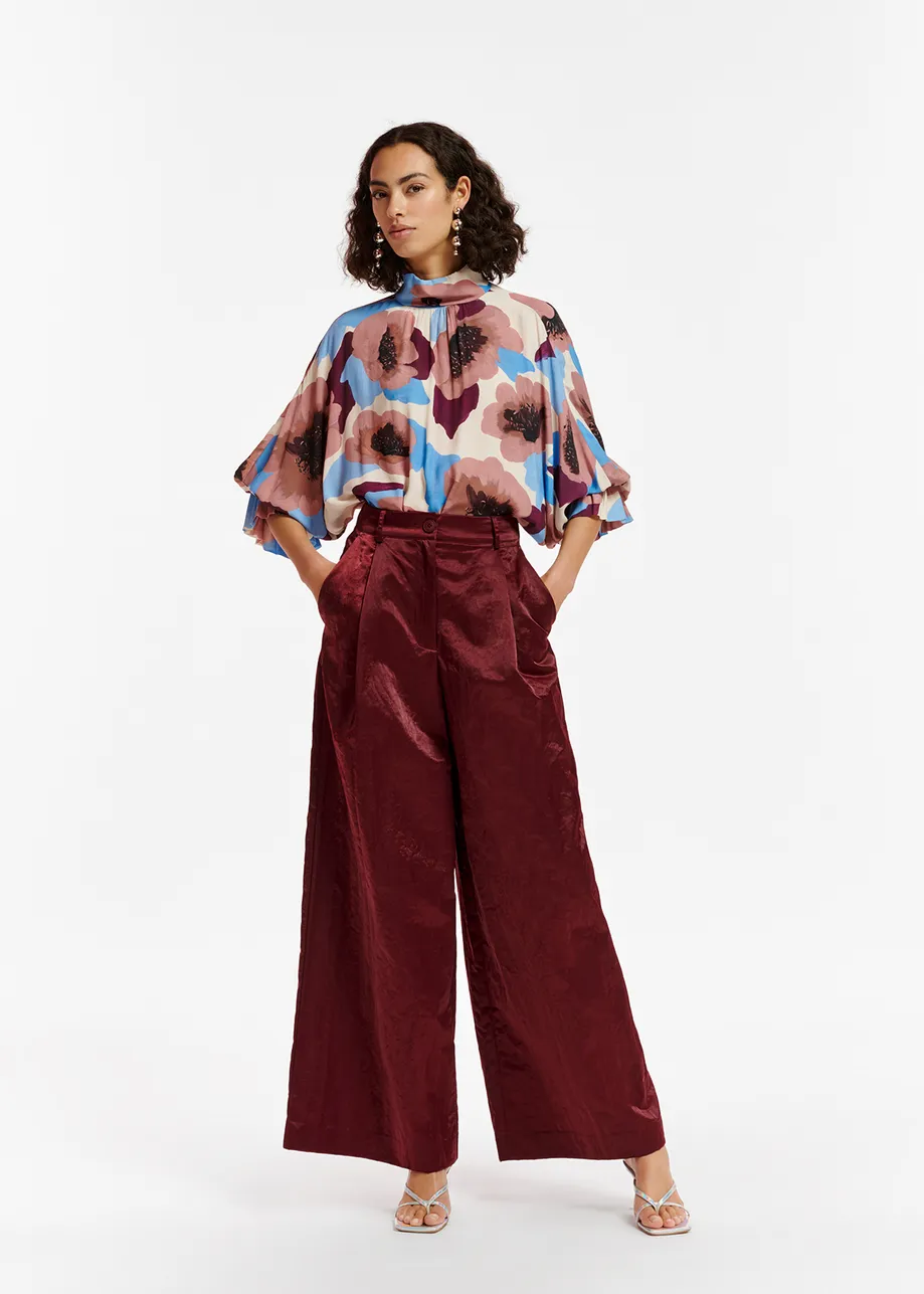 Mauve, burgundy and blue floral print top with stand-up collar