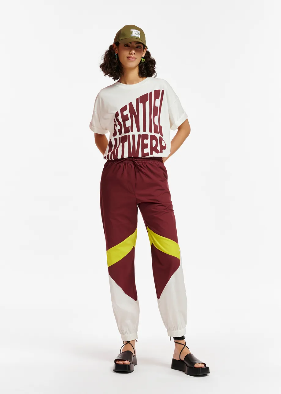 Burgundy, white and lime green cotton track pants
