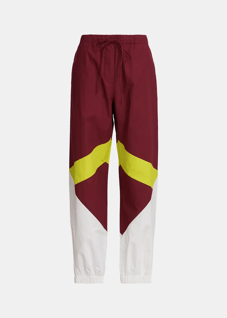 Burgundy, white and lime green cotton track pants
