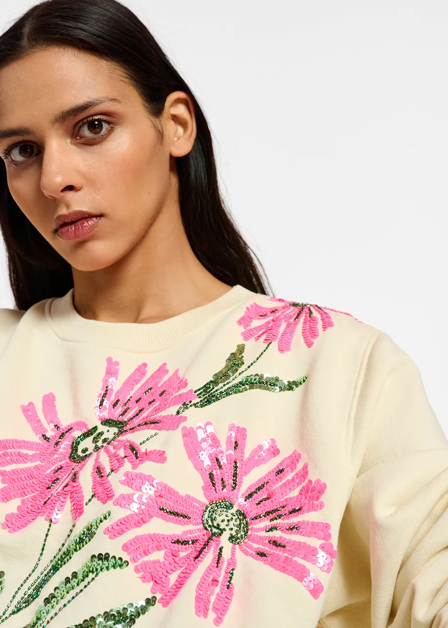 Ecru sweatshirt with floral sequin embroideries