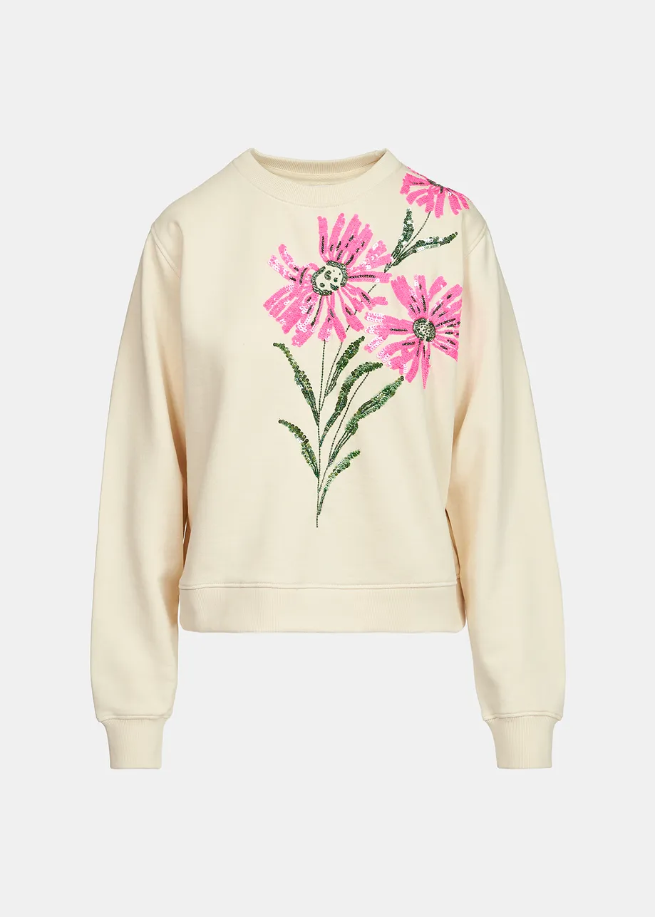 Ecru sweatshirt with floral sequin embroideries