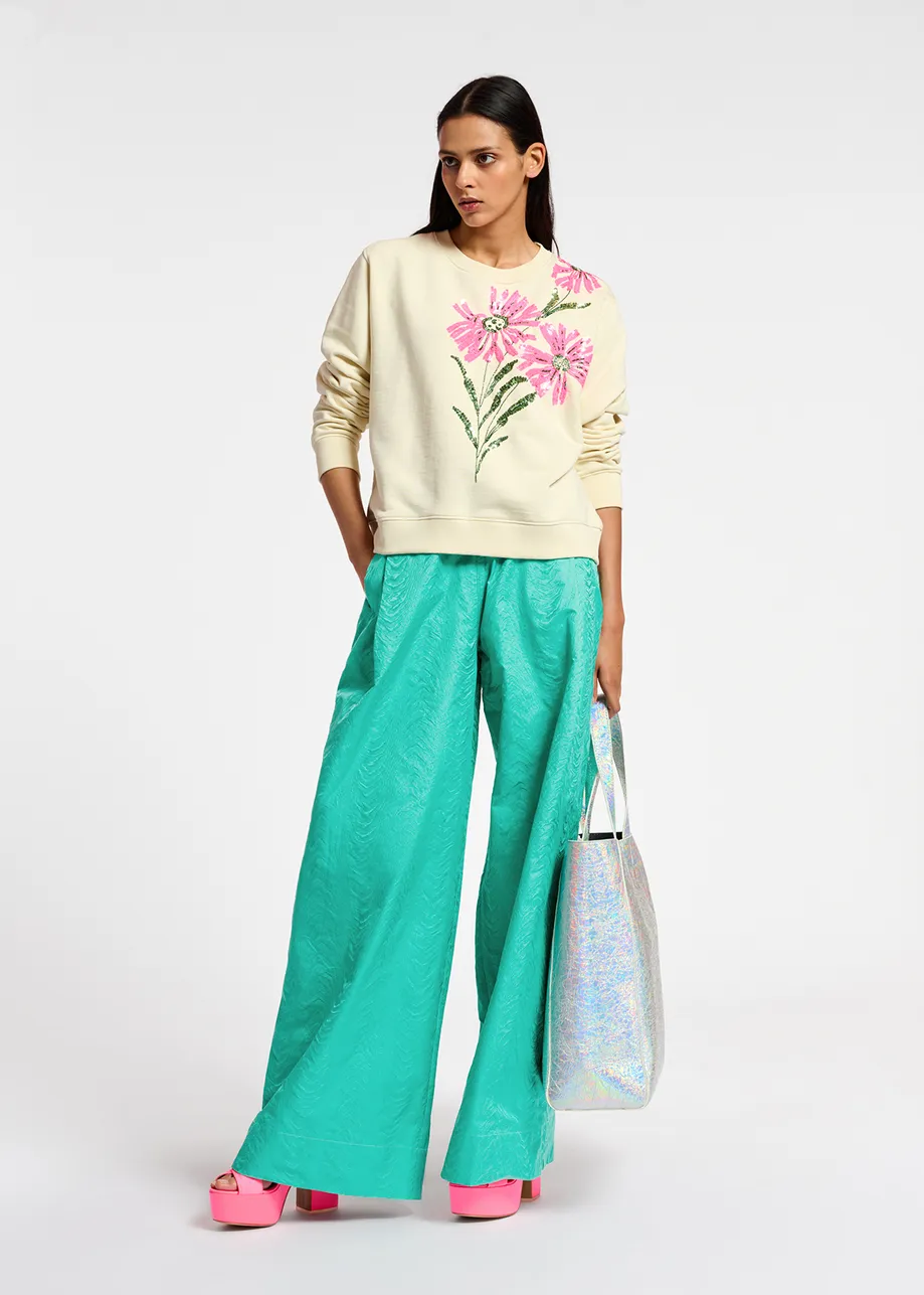 Ecru sweatshirt with floral sequin embroideries