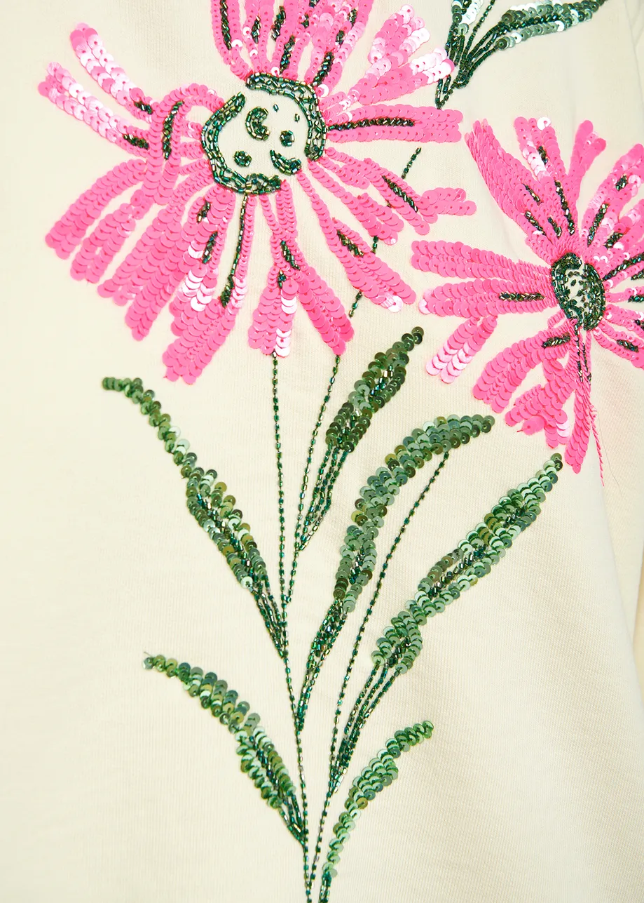 Ecru sweatshirt with floral sequin embroideries