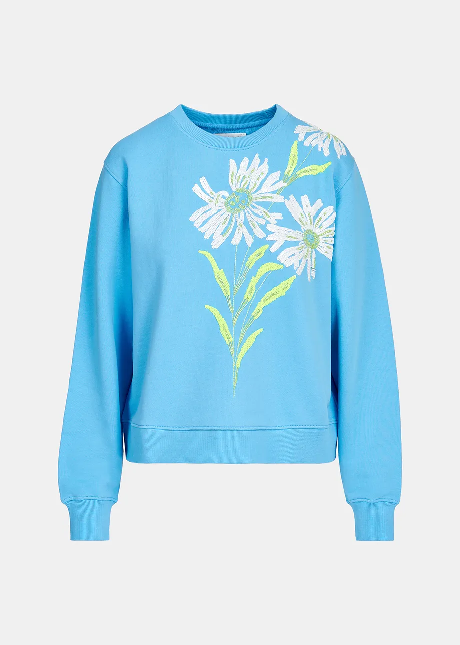 Blue sweatshirt with floral sequin embroideries