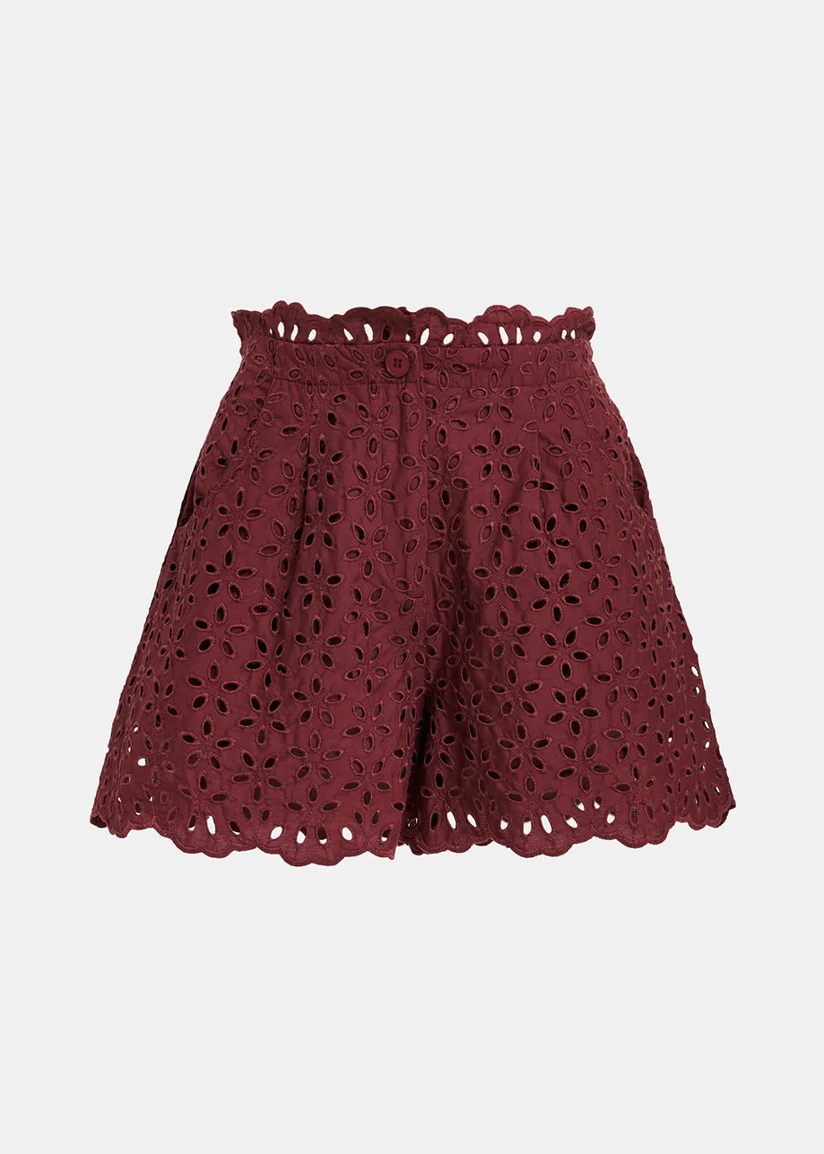 Burgundy broderie anglaise cotton shorts