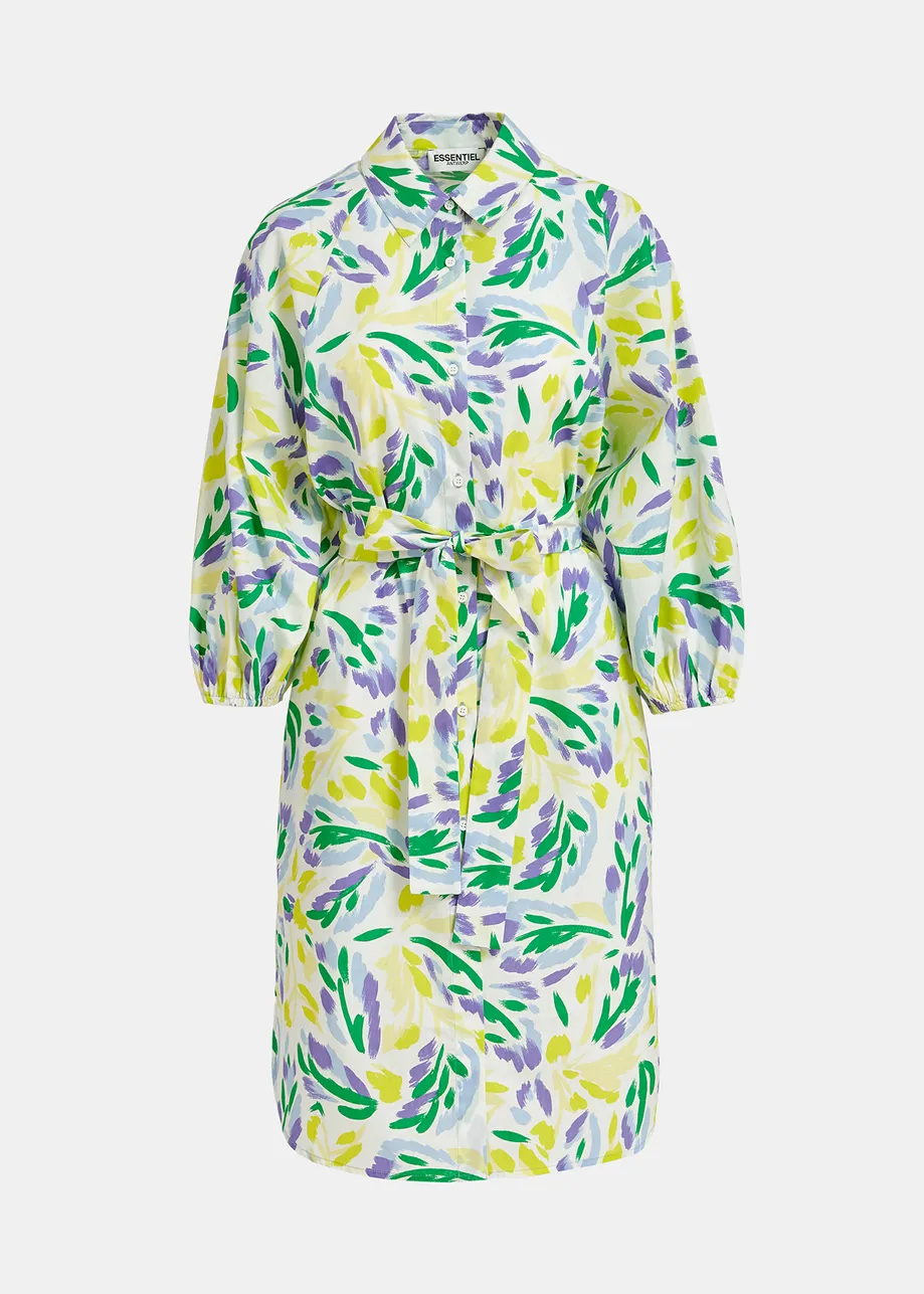 White, yellow and purple knee-length shirt dress with floral print