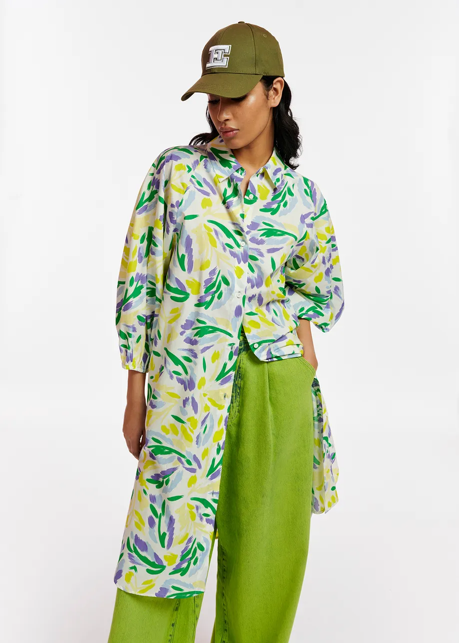 White, yellow and purple knee-length shirt dress with floral print