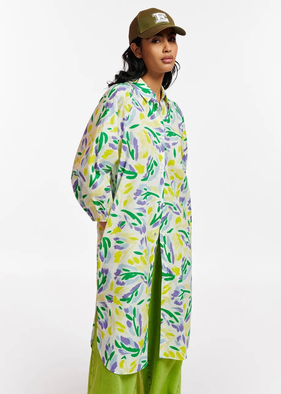 White, yellow and purple knee-length shirt dress with floral print