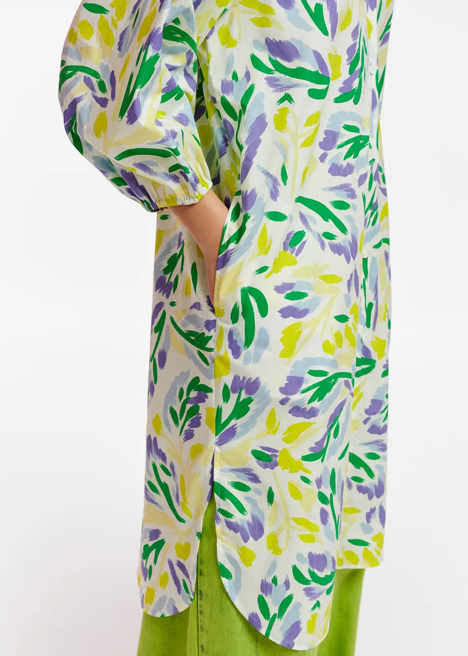 White, yellow and purple knee-length shirt dress with floral print