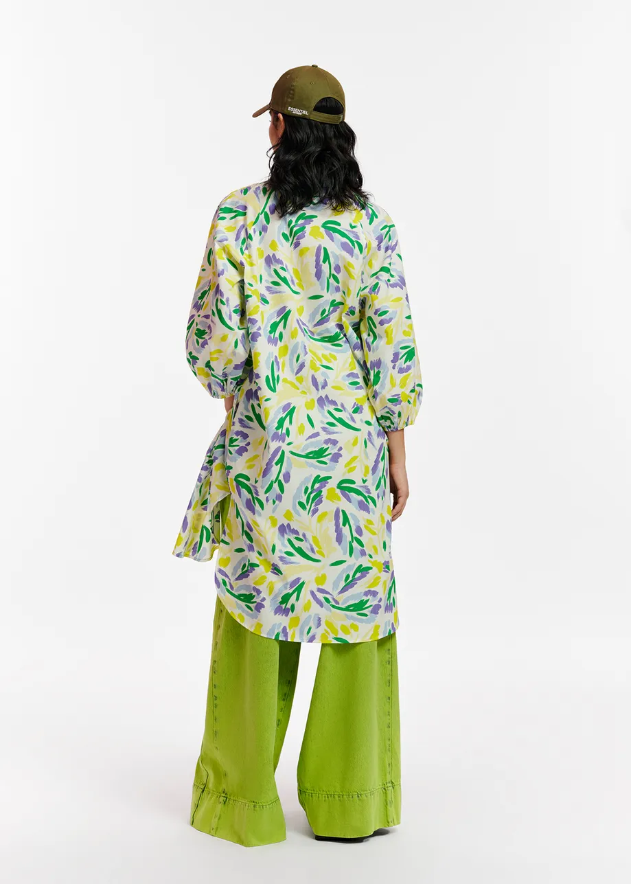 White, yellow and purple knee-length shirt dress with floral print
