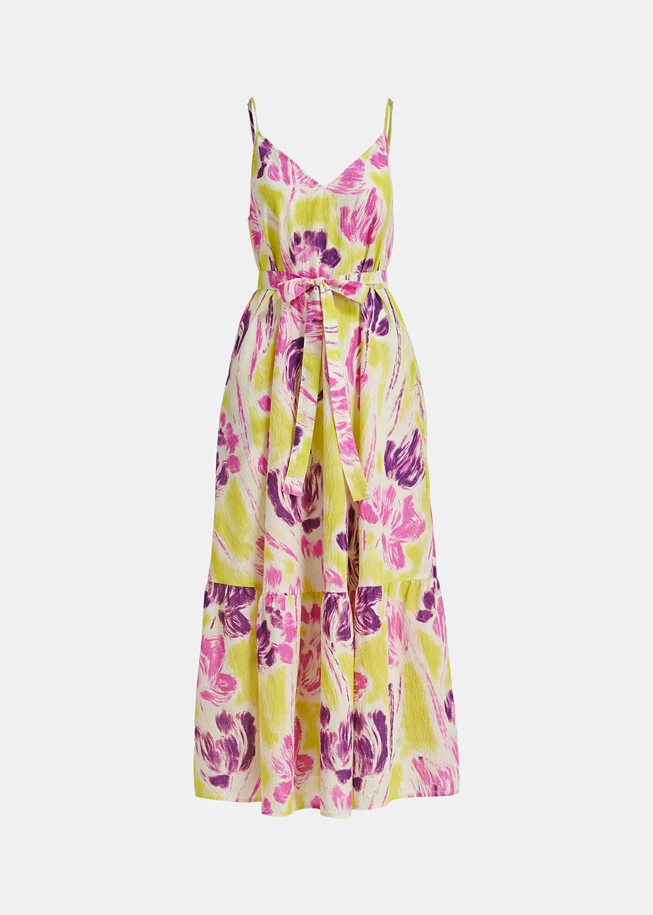 Maxi robe caraco à imprimé fleuri jaune et violette
