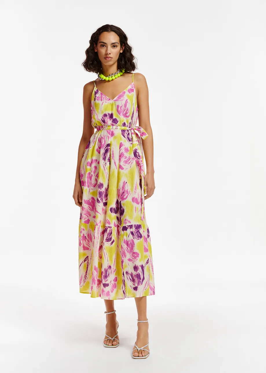 Maxi robe caraco à imprimé fleuri jaune et violette