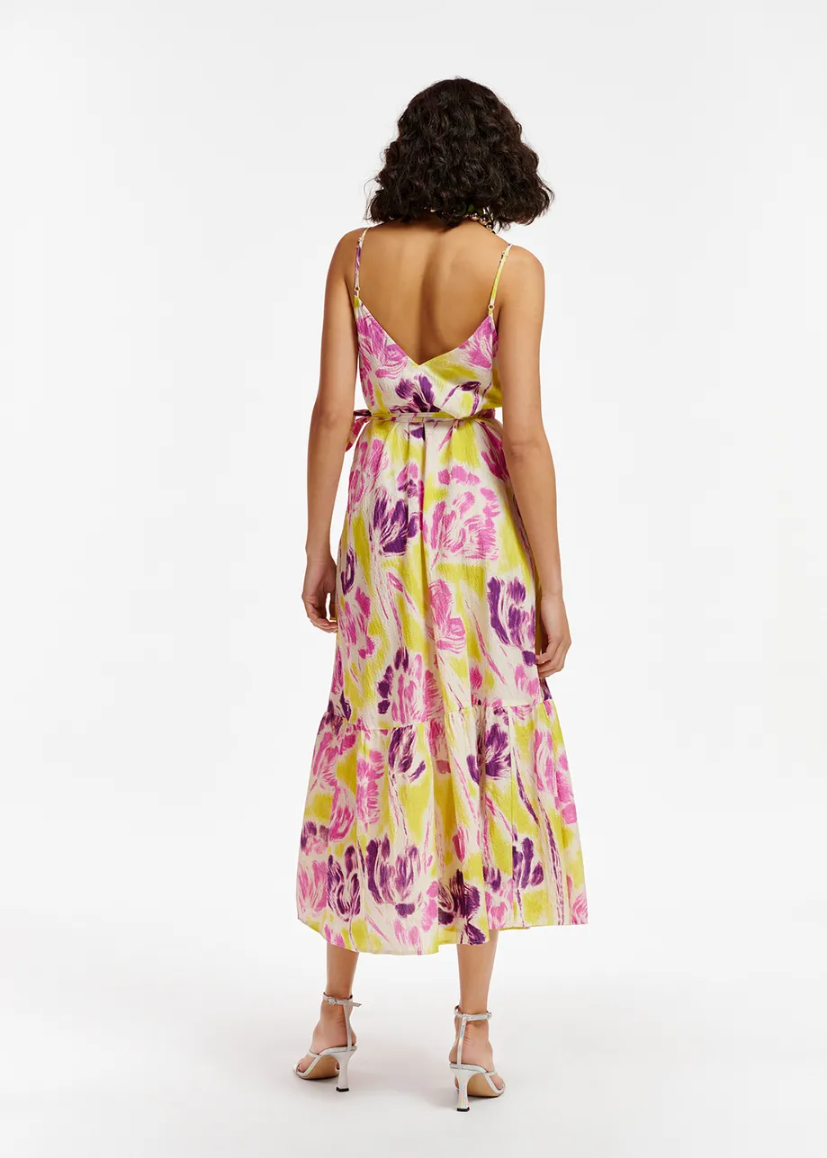 Maxi robe caraco à imprimé fleuri jaune et violette