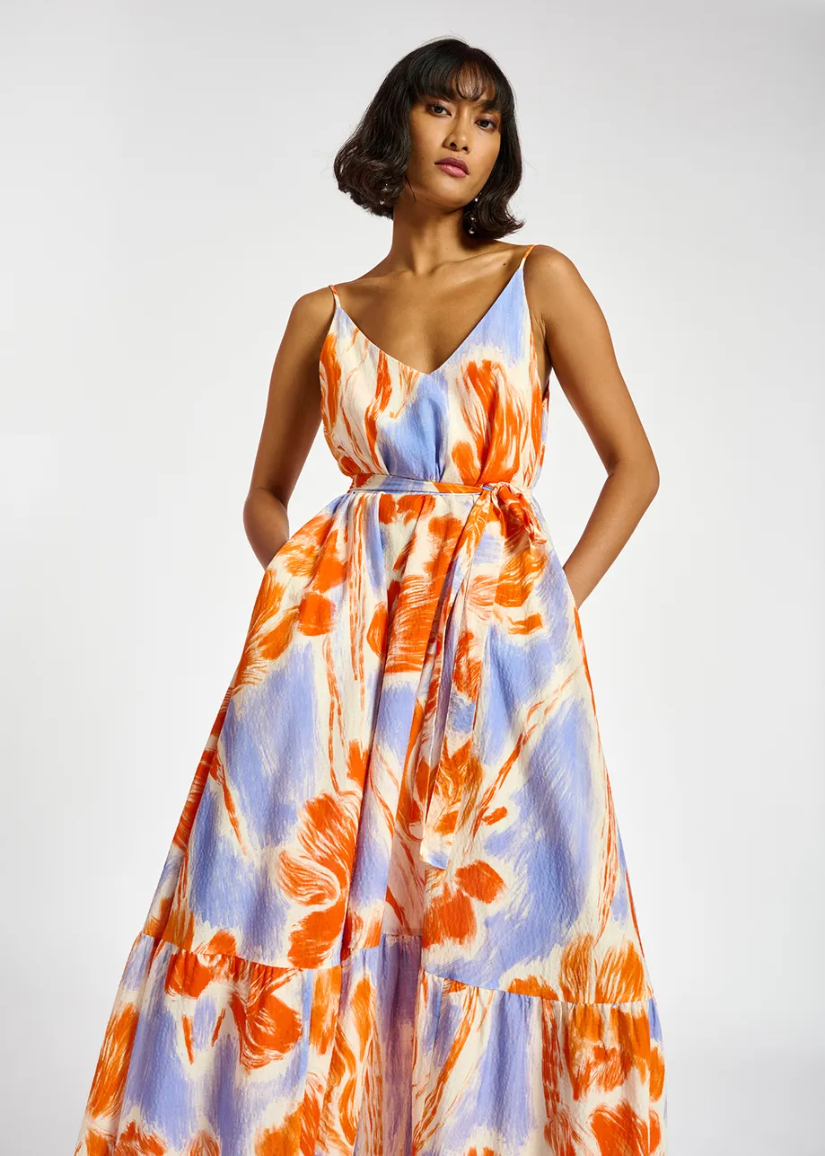 Light blue and orange floral print maxi-length slip dress