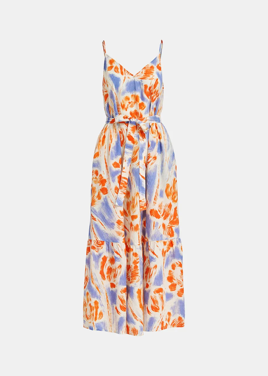 Light blue and orange floral print maxi-length slip dress