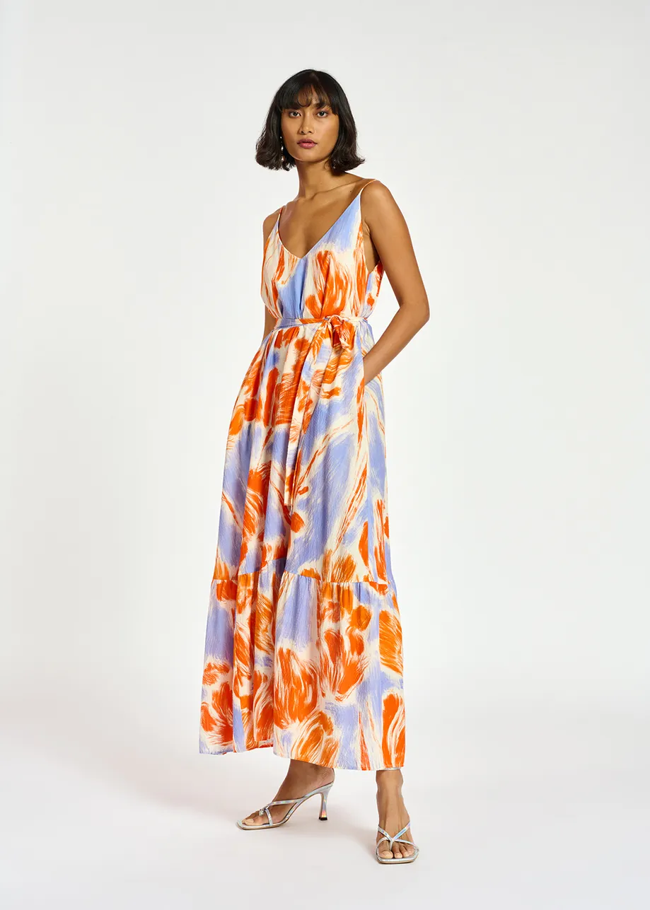 Light blue and orange floral print maxi-length slip dress