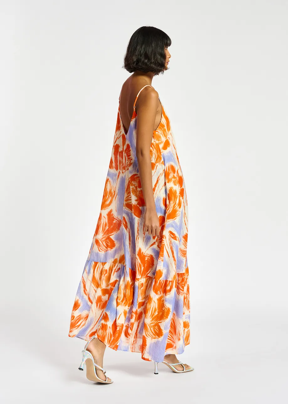 Light blue and orange floral print maxi-length slip dress