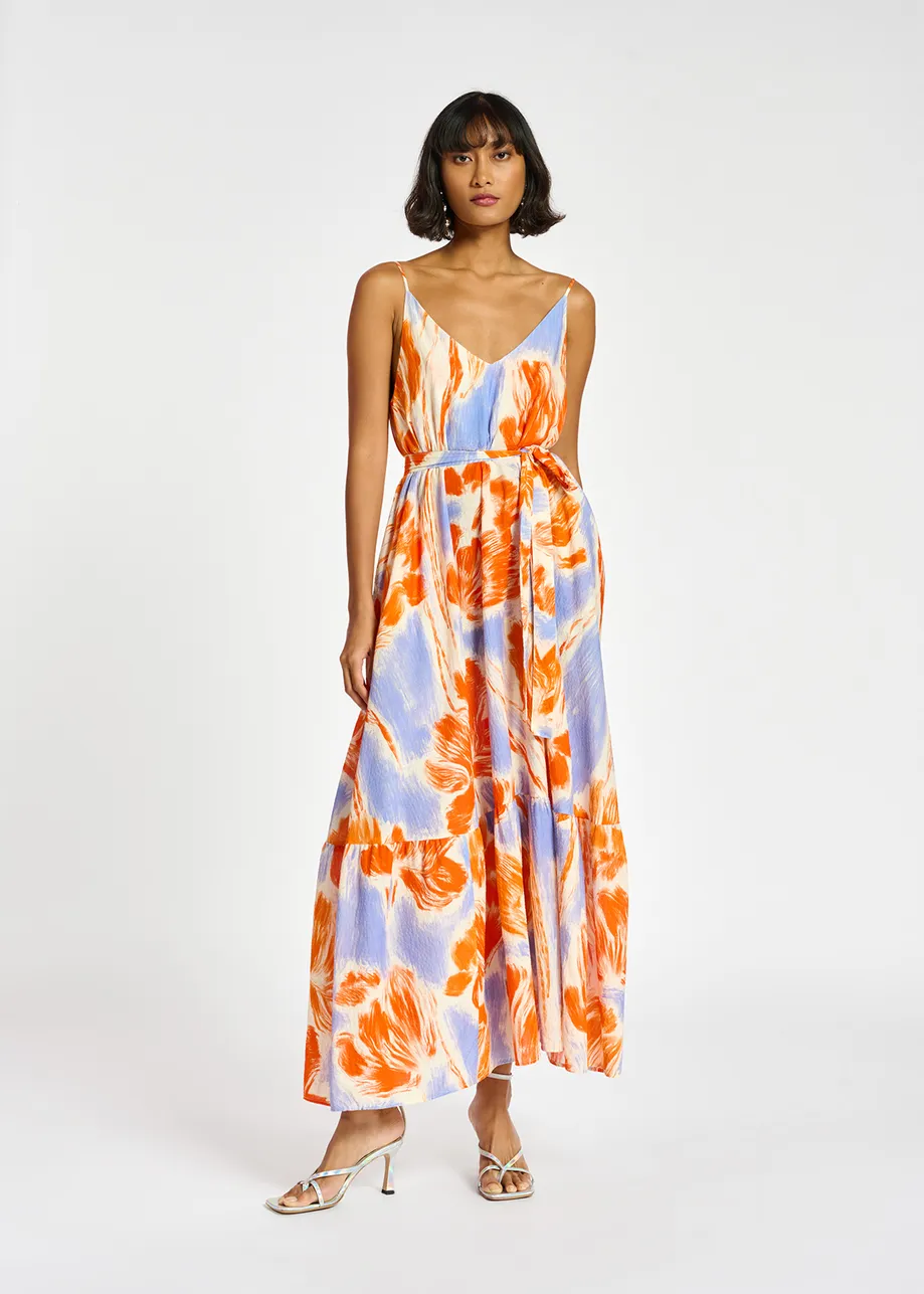 Light blue and orange floral print maxi-length slip dress