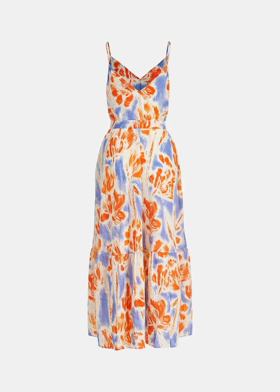 Light blue and orange floral print maxi-length slip dress