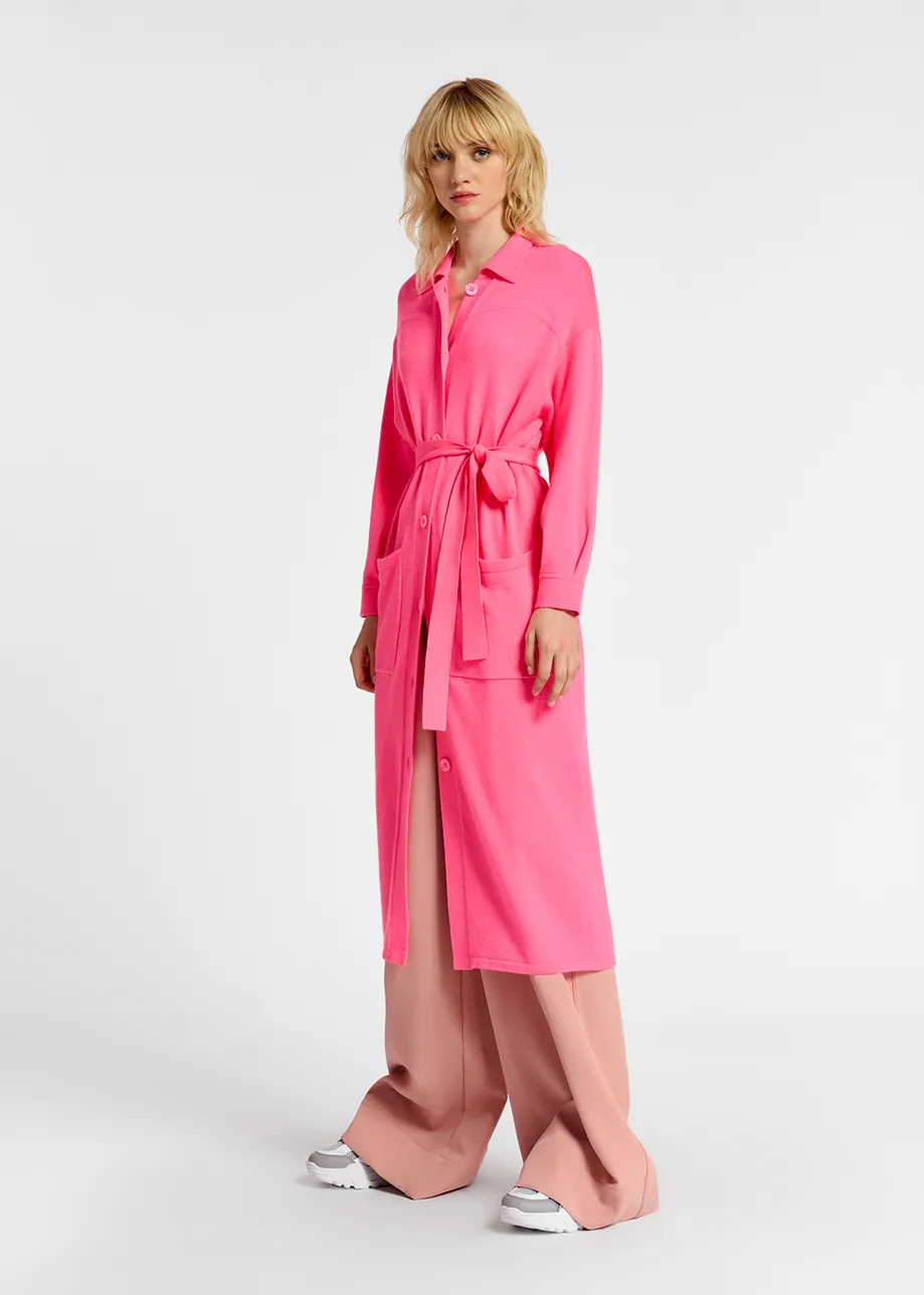 Neon pink fine-knit midi-length cardigan