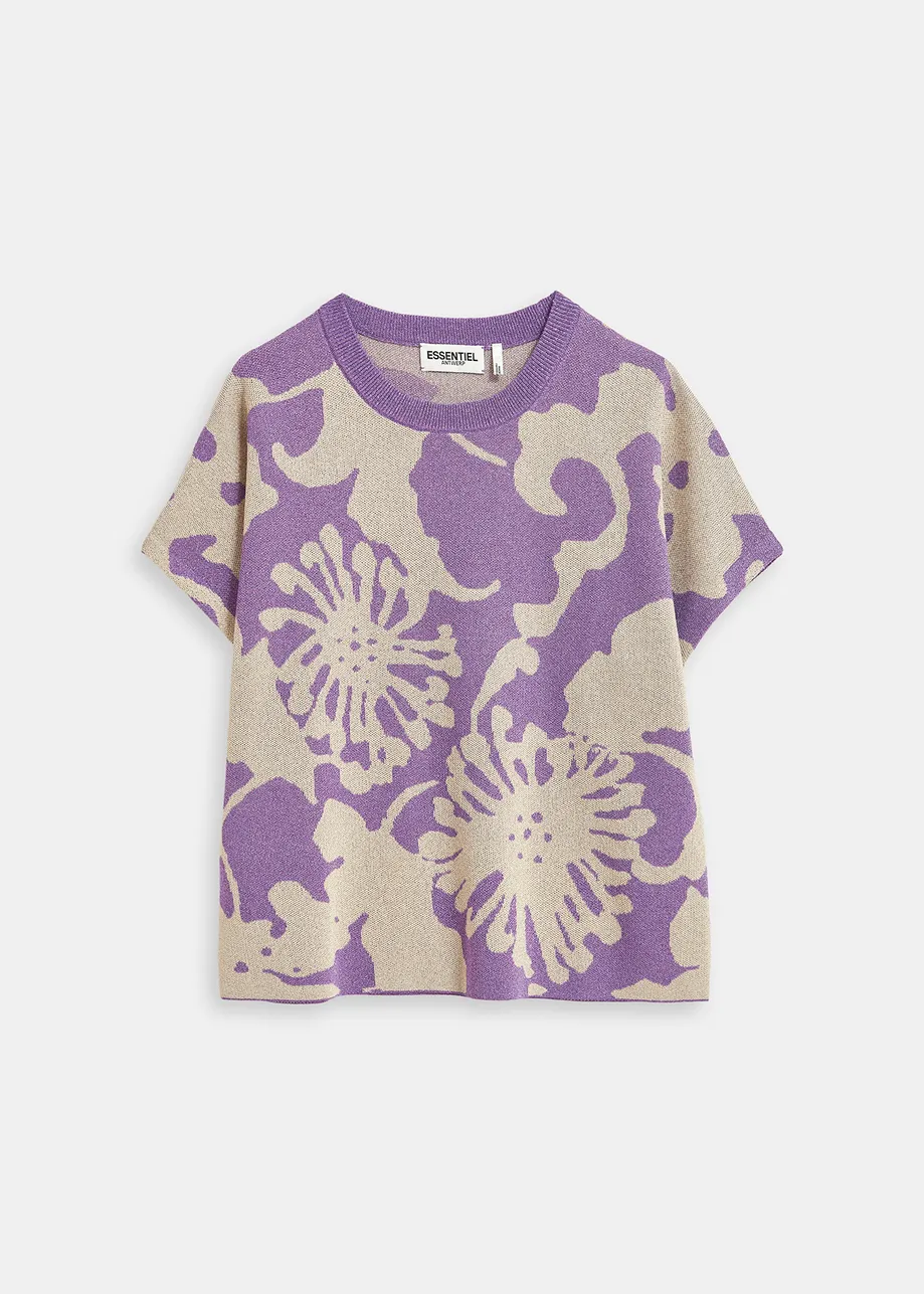 Beige and purple jacquard-knit lurex sweater