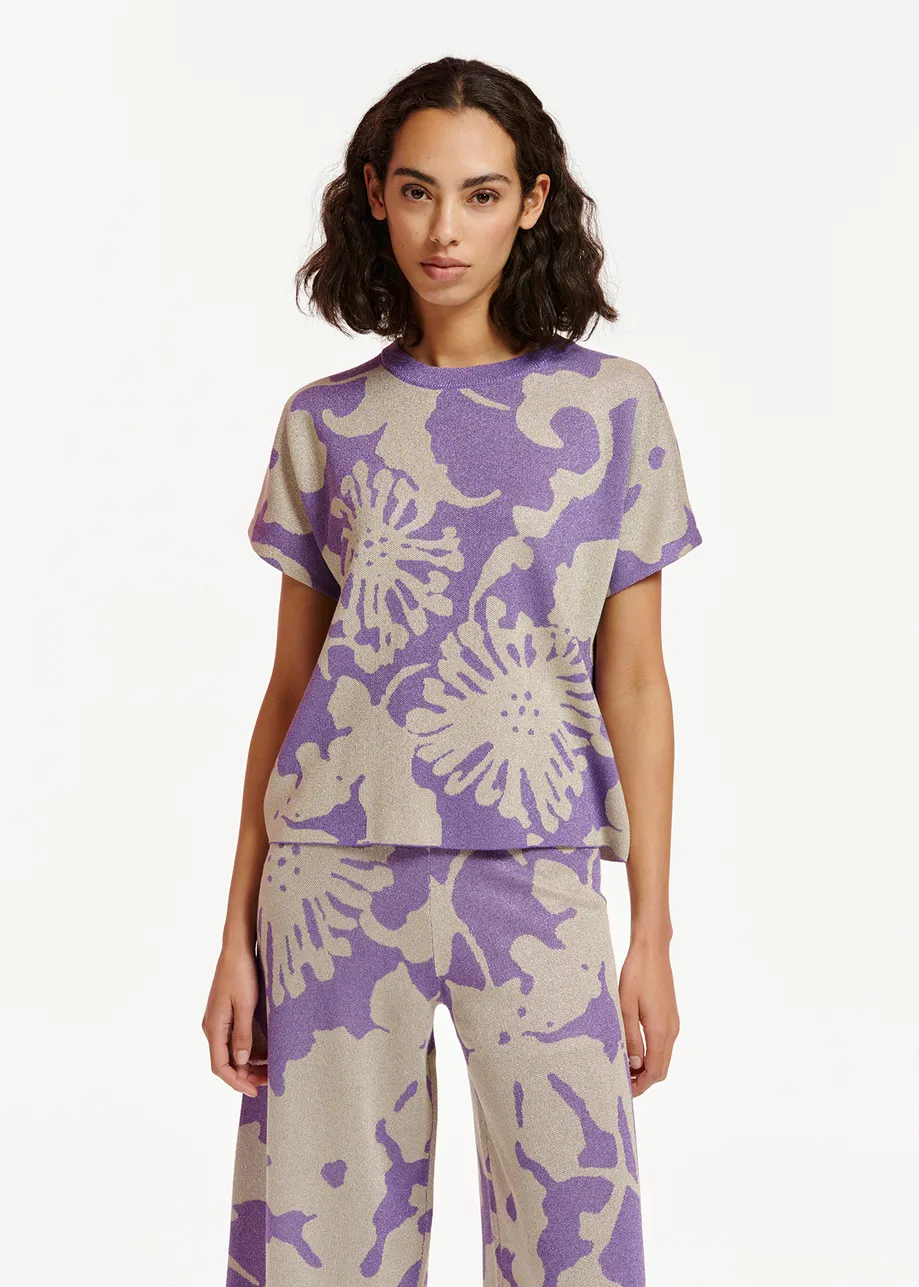 Beige and purple jacquard-knit lurex sweater