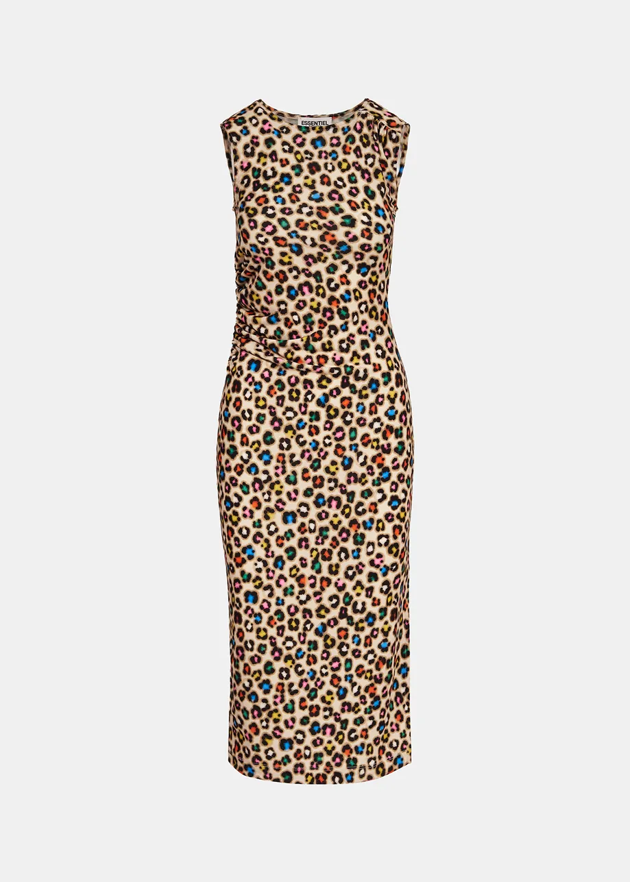 Beige stretch-jersey midi dress with multicolor leopard print
