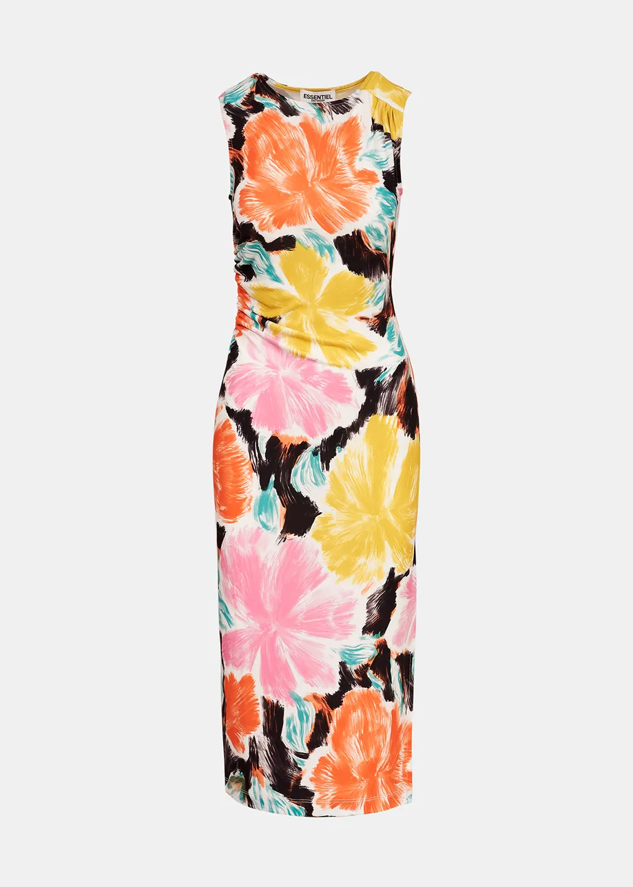 Black, orange and yellow floral print stretch-jersey midi dress