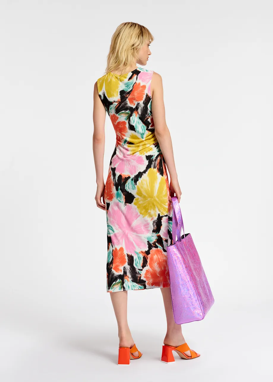 Black, orange and yellow floral print stretch-jersey midi dress