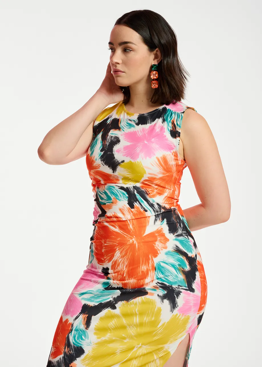 Black, orange and yellow floral print stretch-jersey midi dress