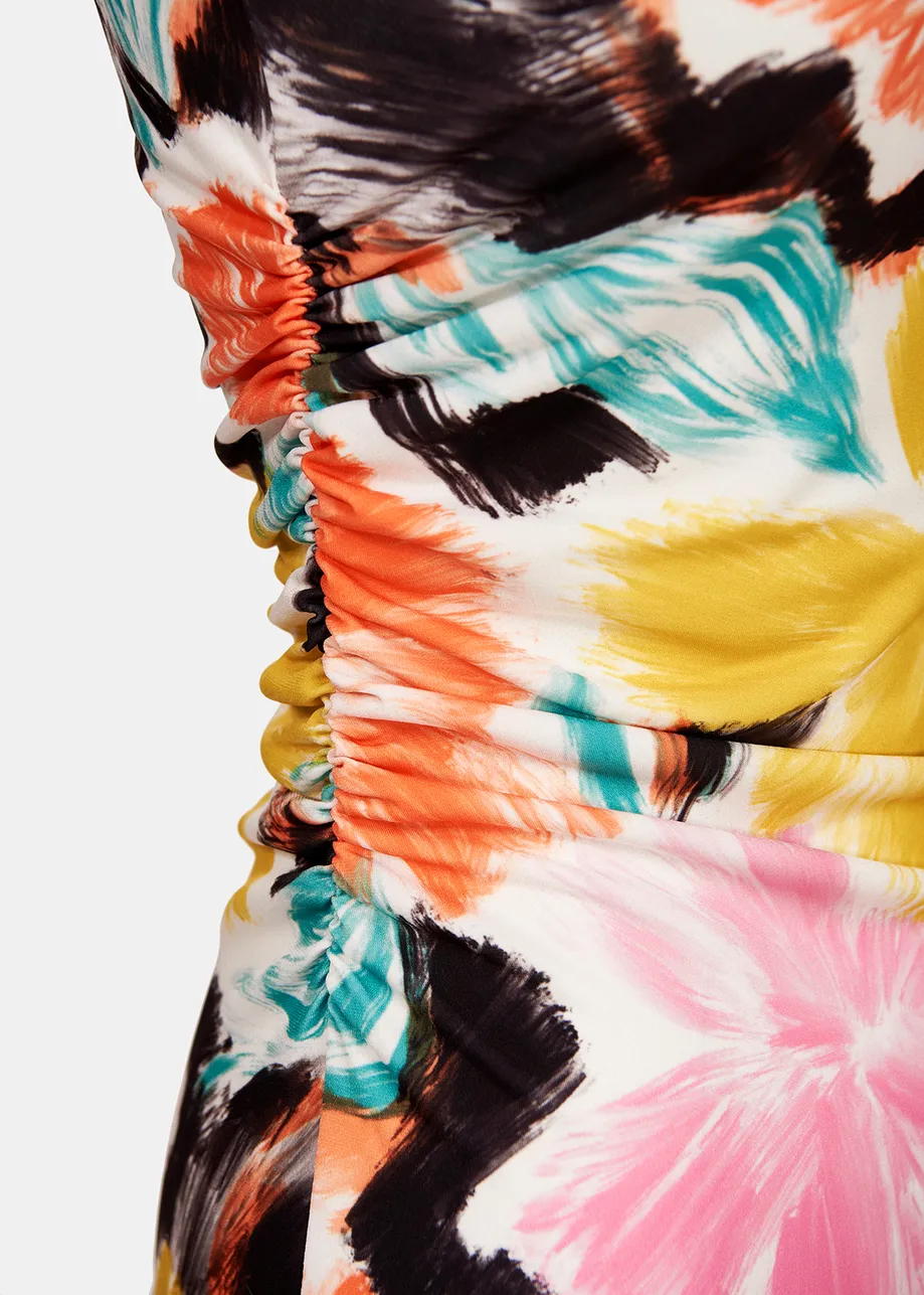 Black, orange and yellow floral print stretch-jersey midi dress