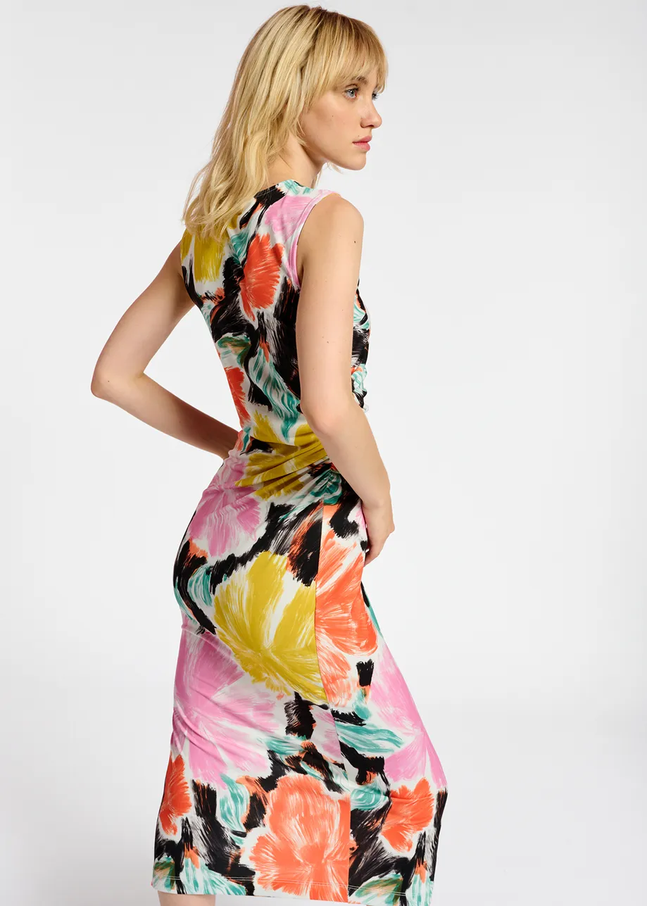 Black, orange and yellow floral print stretch-jersey midi dress