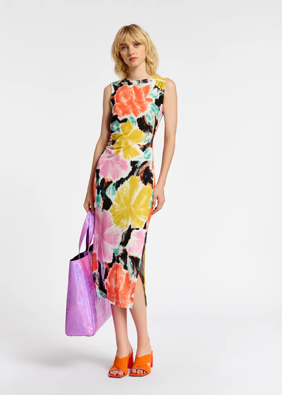 Black, orange and yellow floral print stretch-jersey midi dress