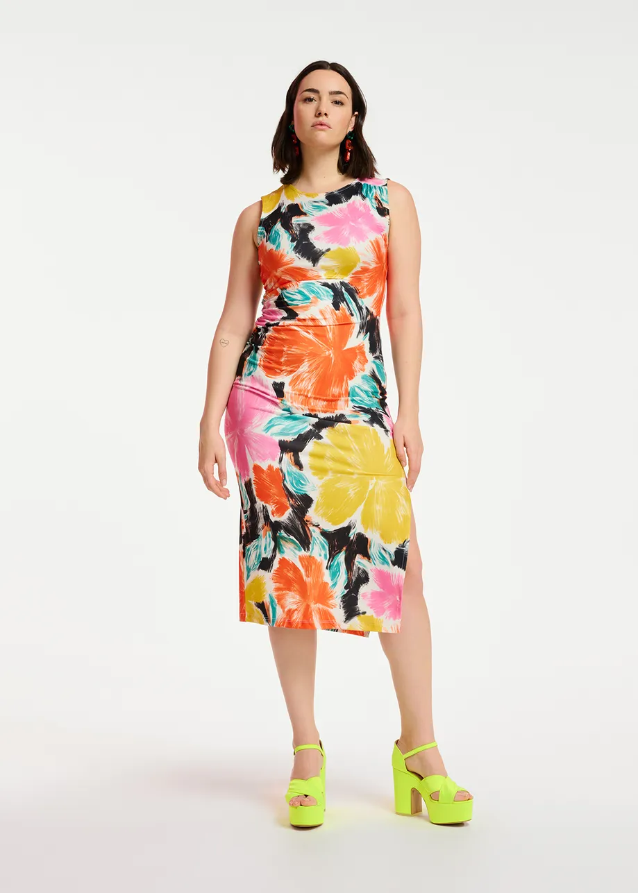Black, orange and yellow floral print stretch-jersey midi dress