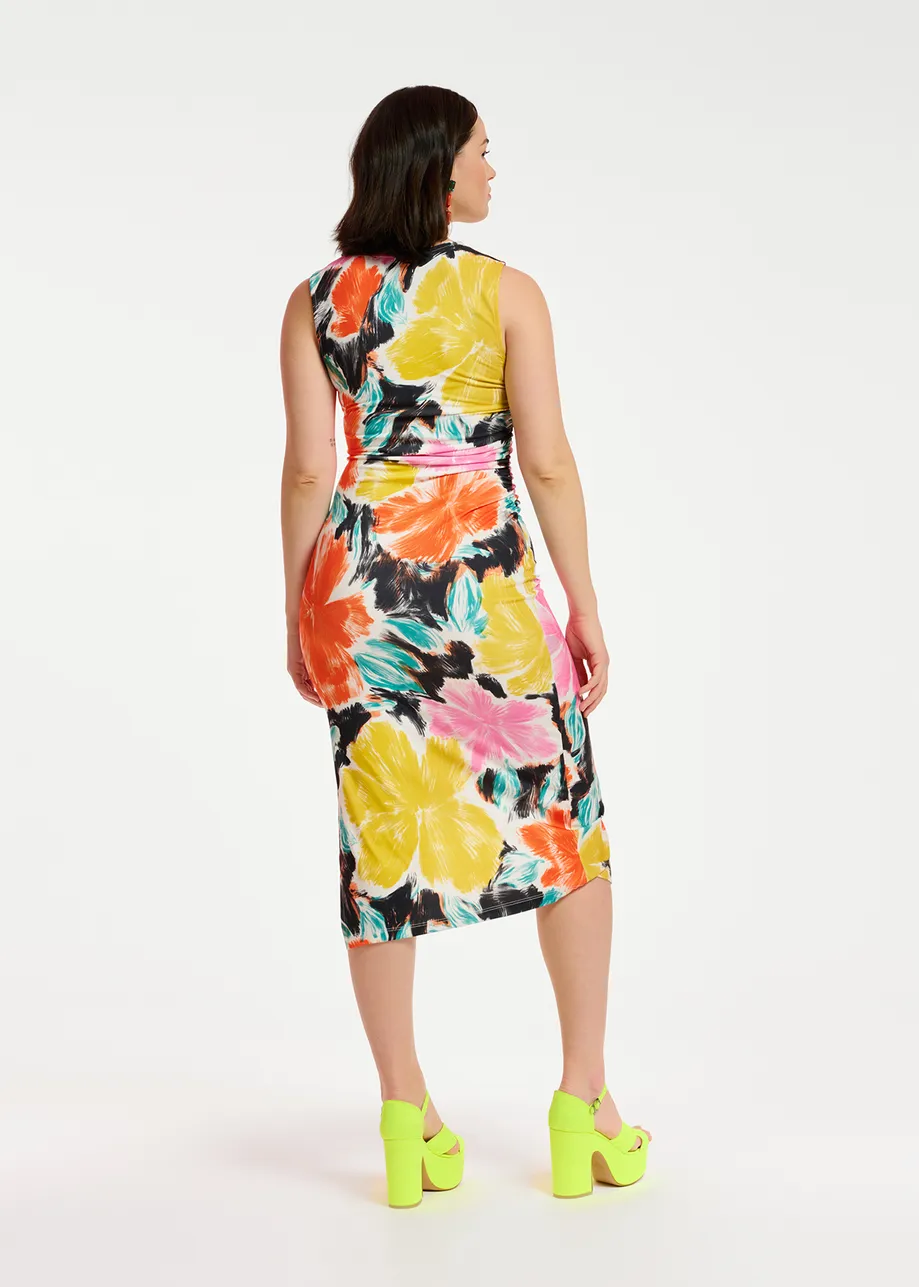 Black, orange and yellow floral print stretch-jersey midi dress