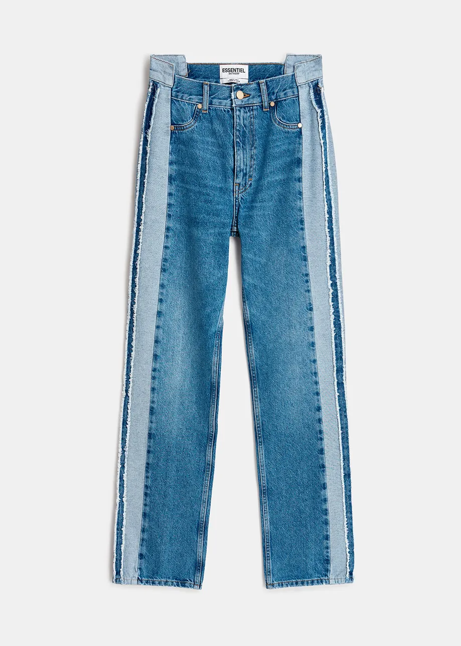 Blue denim straight-leg jeans with inside-out look