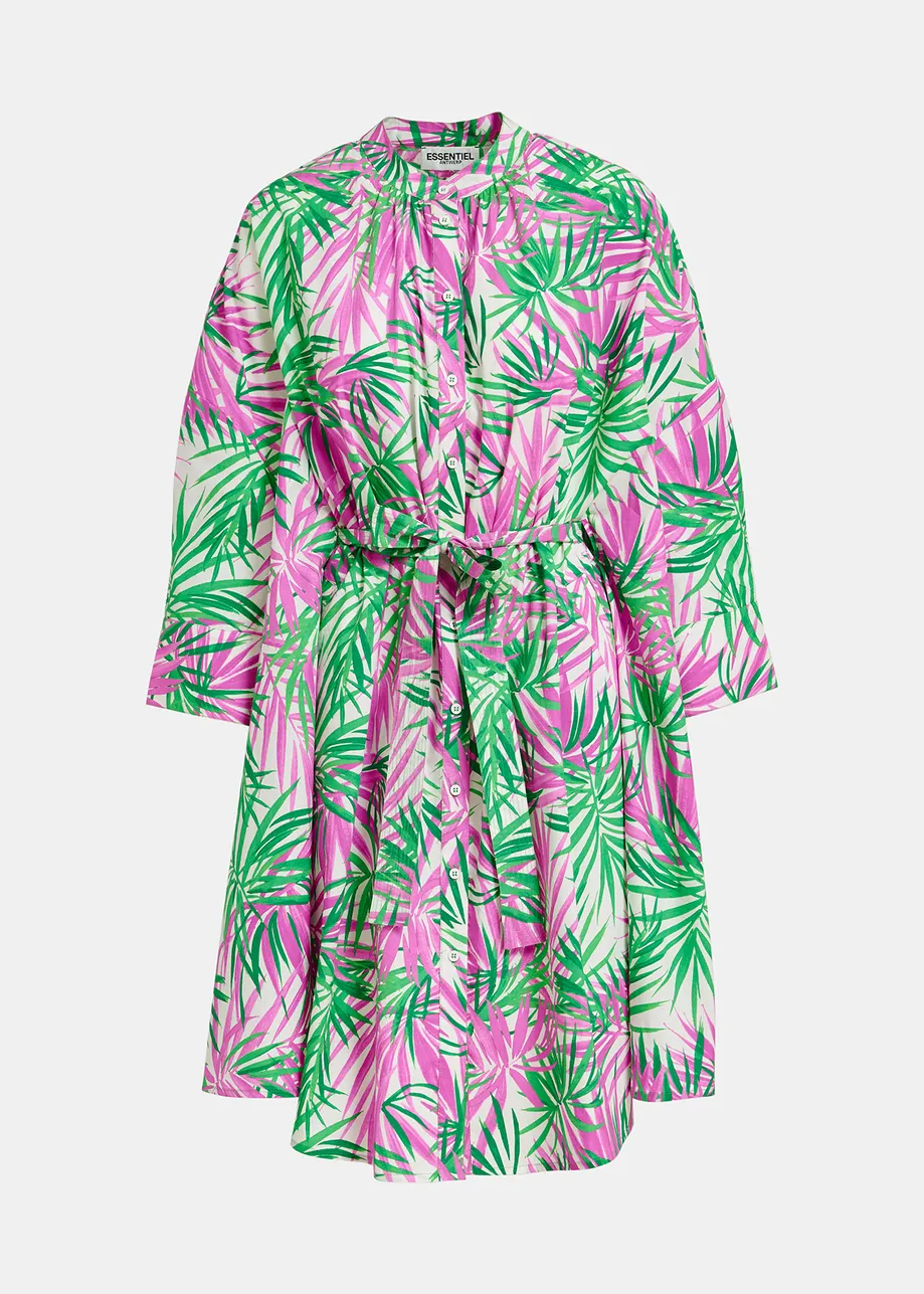 White, purple and green oversized shirt dress with palm leaf print