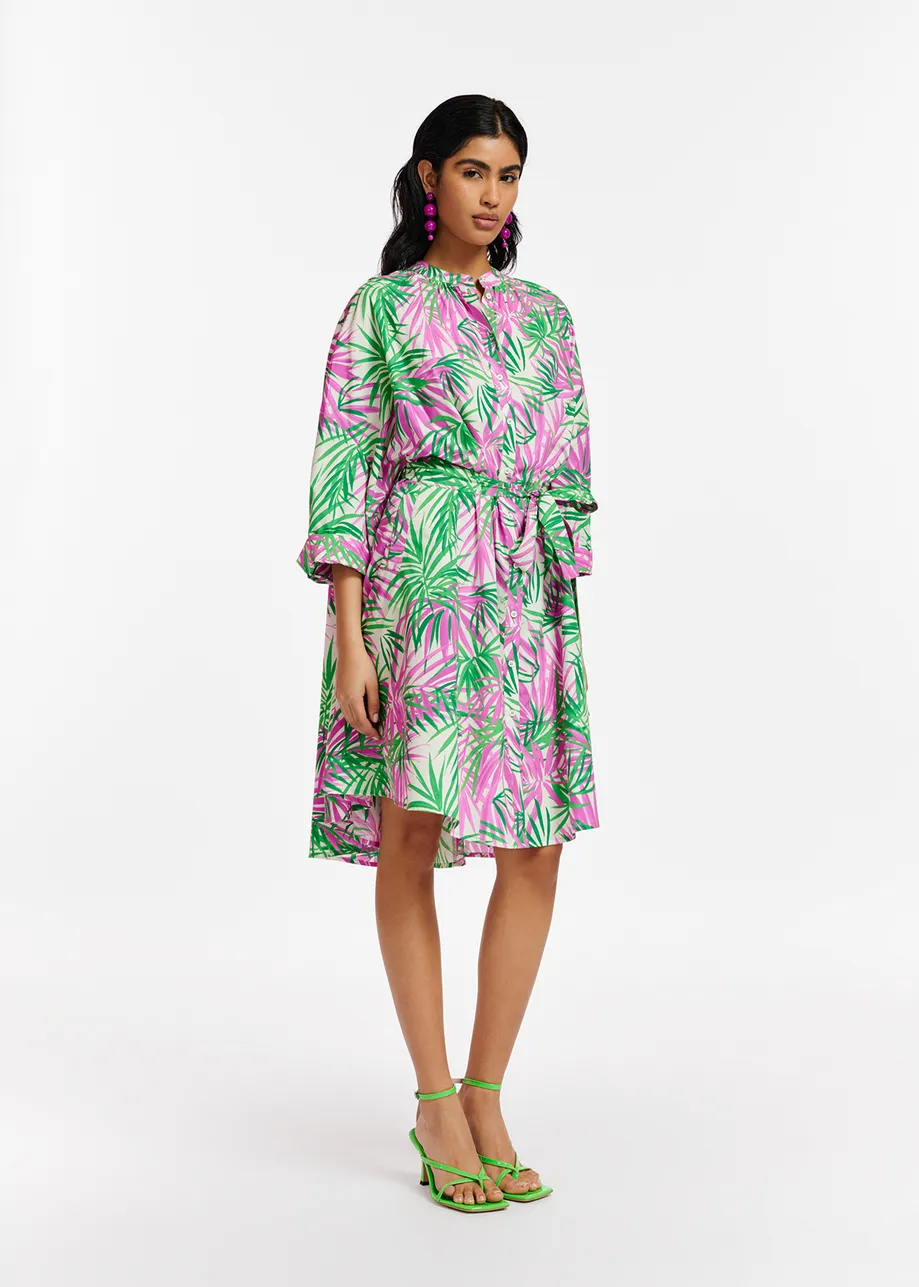 White, purple and green oversized shirt dress with palm leaf print