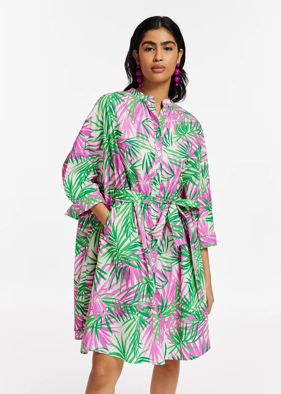 White, purple and green oversized shirt dress with palm leaf print