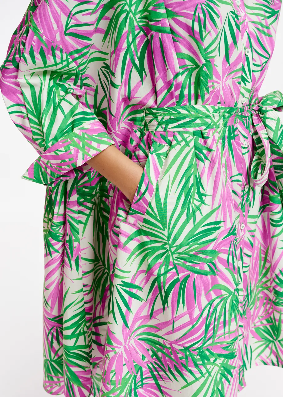 White, purple and green oversized shirt dress with palm leaf print