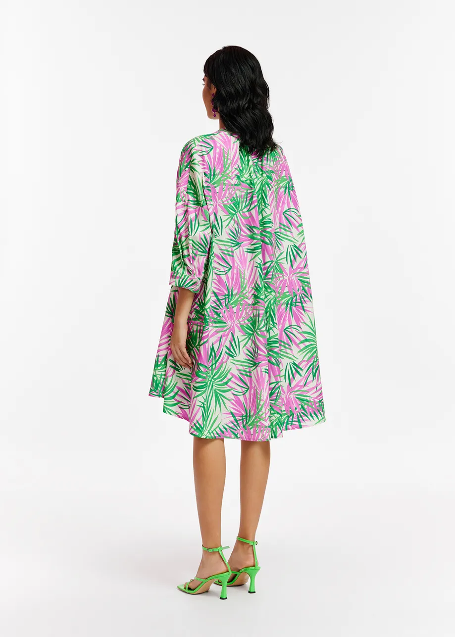 White, purple and green oversized shirt dress with palm leaf print