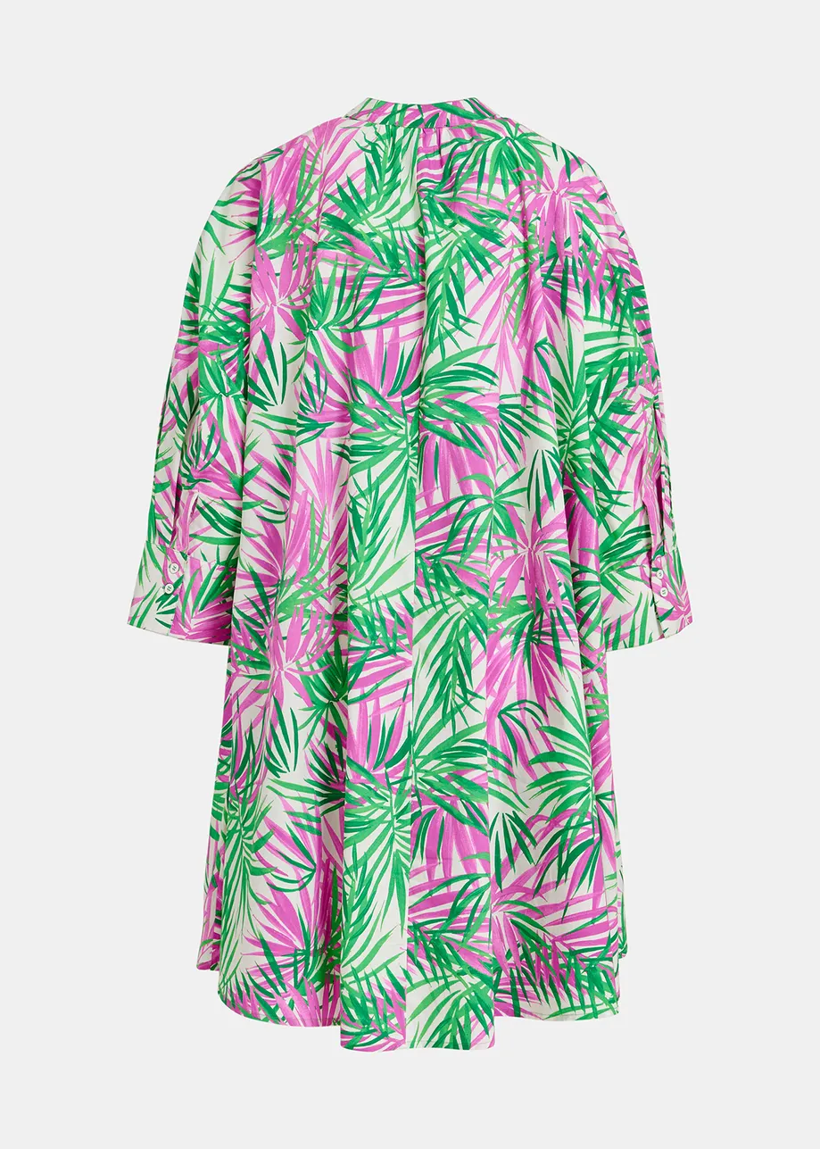White, purple and green oversized shirt dress with palm leaf print