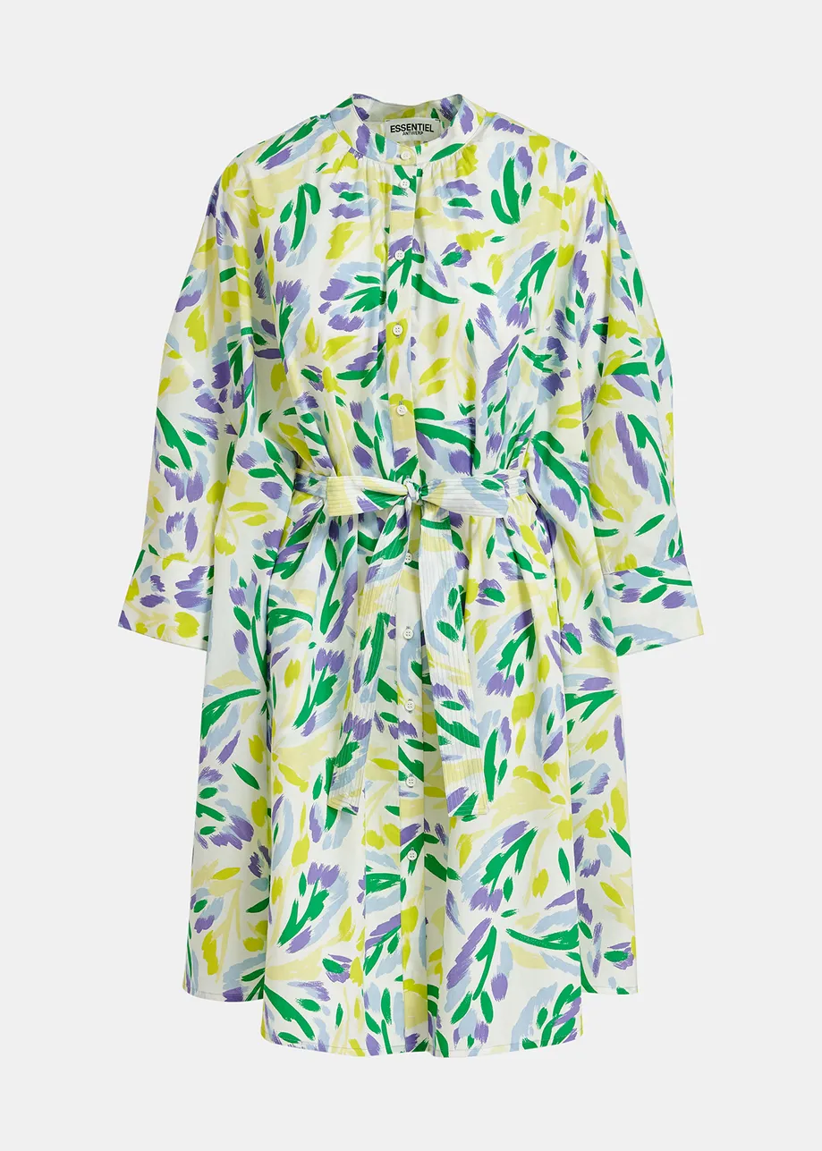 White, yellow and purple oversized shirt dress with floral print