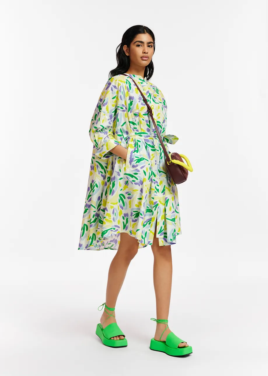 White, yellow and purple oversized shirt dress with floral print