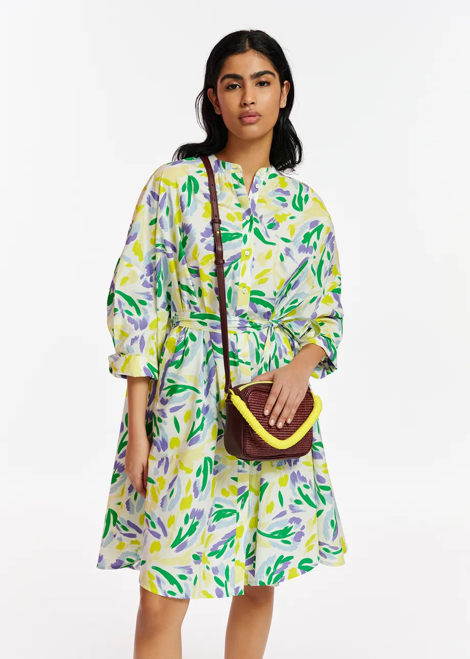 White, yellow and purple oversized shirt dress with floral print