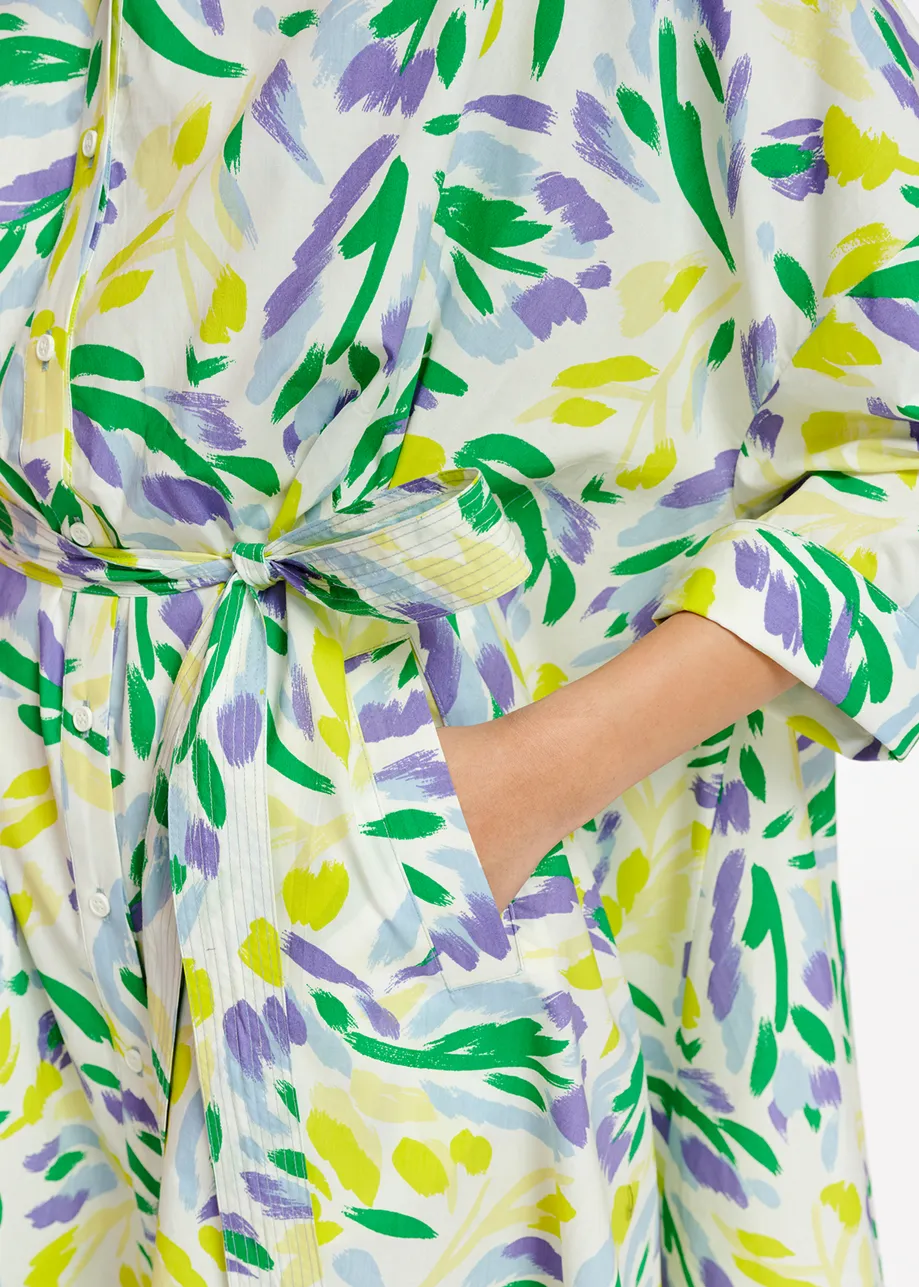 White, yellow and purple oversized shirt dress with floral print