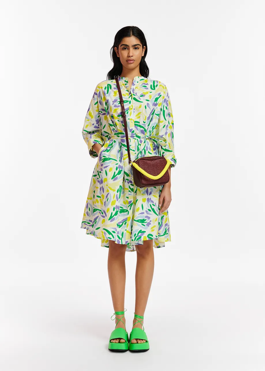 White, yellow and purple oversized shirt dress with floral print