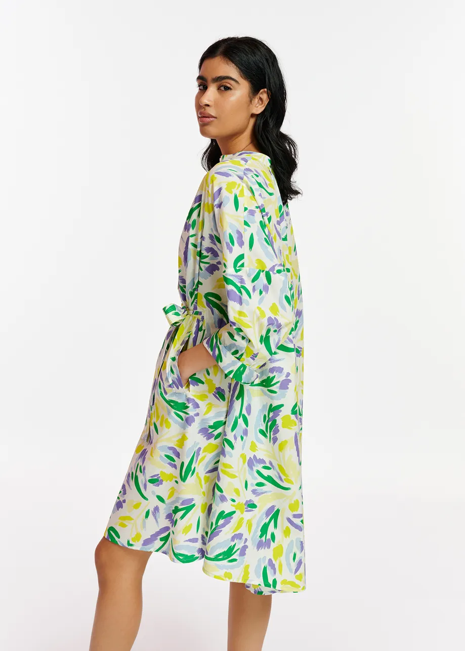 White, yellow and purple oversized shirt dress with floral print