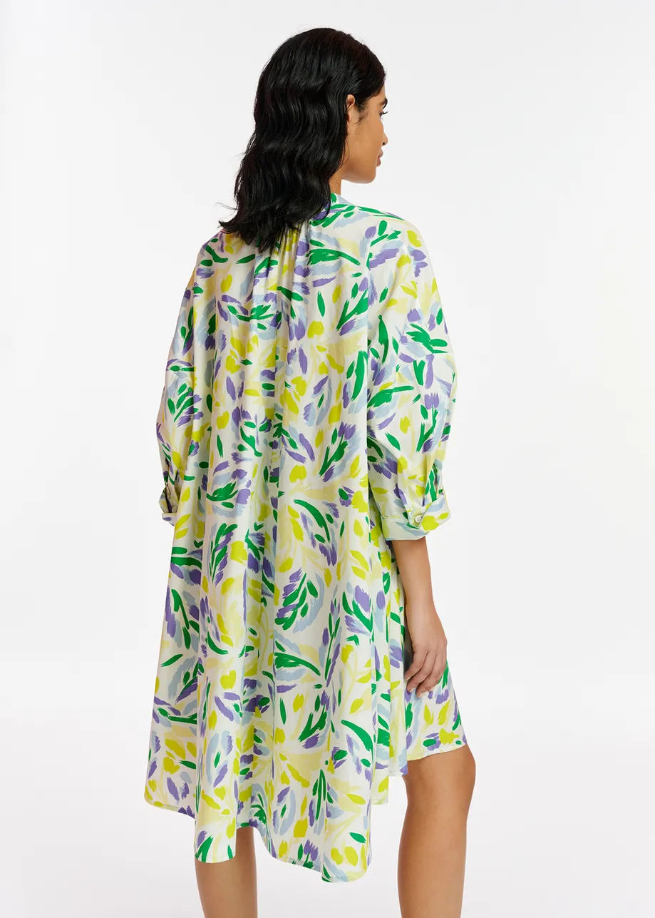 White, yellow and purple oversized shirt dress with floral print